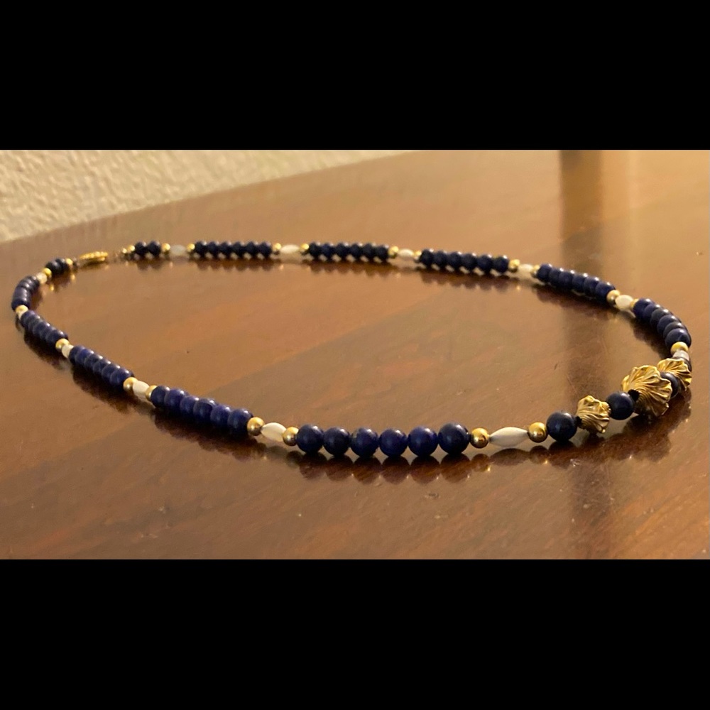 Estate Antique Vintage 14K Gold Lapis Lazuli & Pearl Long Beaded Necklace 25.5”